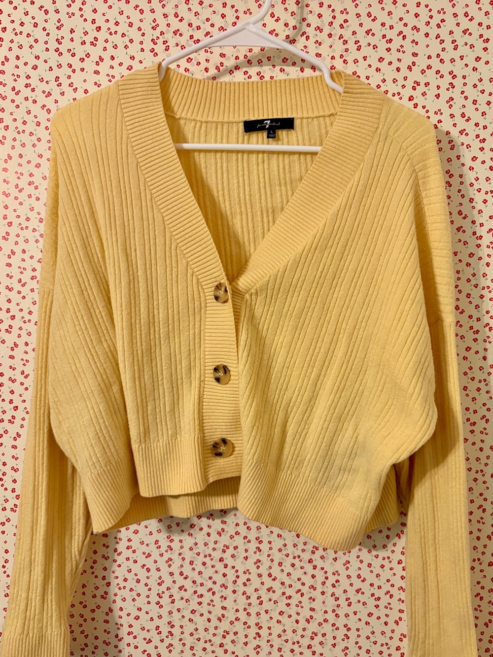 7 For All Mankind Pale Yellow Ribbed V-Neck Button Cardigan